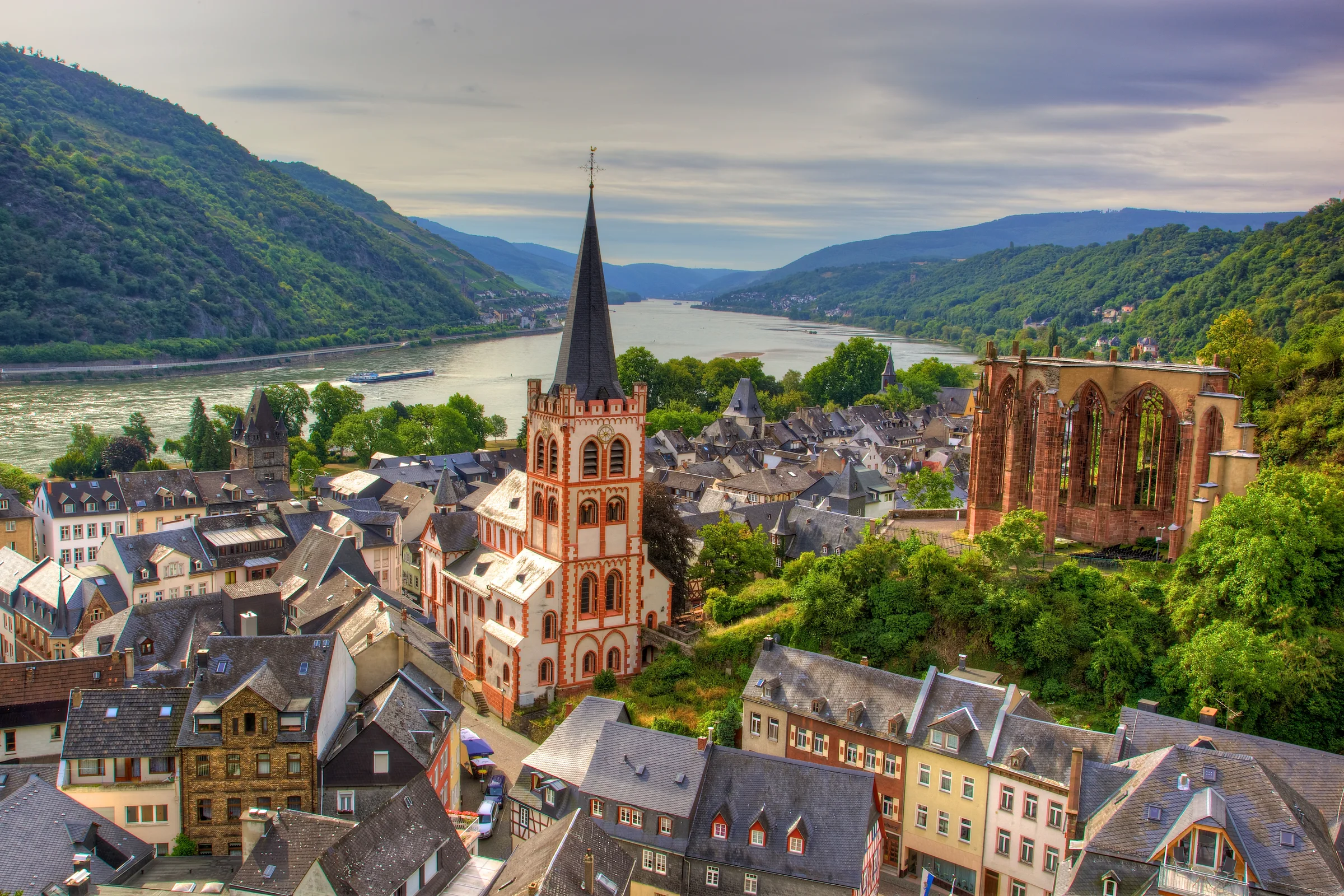 Panorama von Bacharach mit historischen Dächern und dem Rhein